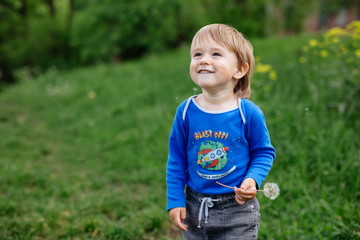 Happy smiling toddler  boy playing in a blooming garden on a meadow green grass during summer day holding flower dandelion