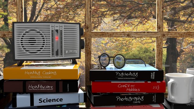 Antique Radio Transistor On Stack Of Books With Nature Outside The Window. 3D Rendering