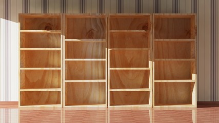 Empty wooden bookcase, 3d rendering