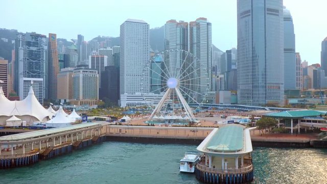 Aerial view on Hong Kong Central piers. LR Pan.