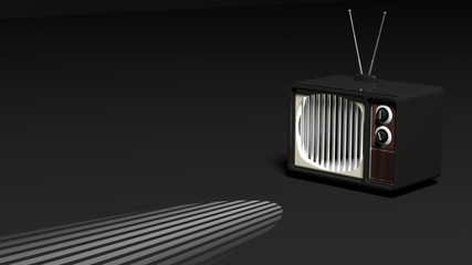 Antique TV set with prison bars on screen, on black background. 3D rendering
