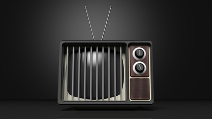 Antique TV set with prison bars on screen, on black background. 3D rendering