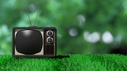 Antique TV set on green grass with abstract nature background. 3D rendering