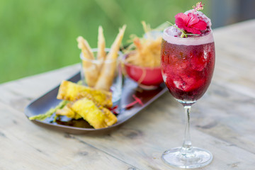 Rosella yogurt  milk shake smoothies with snack background.