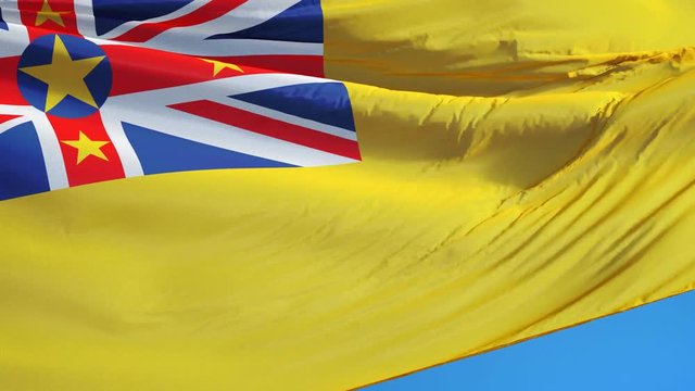 Niue flag waving in slow motion against clean blue sky, seamlessly looped, close up, isolated on alpha channel with black and white luminance matte, perfect for film, news, digital composition