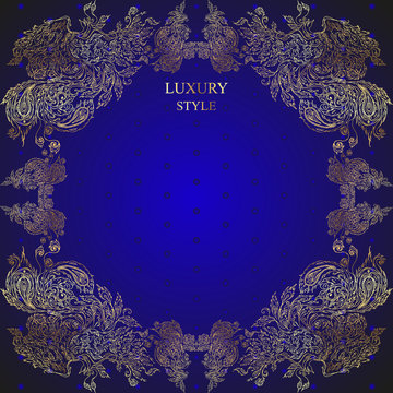 Luxury frame with patterns of birds and feathers on dark blue ba