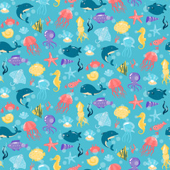 Seamless pattern with different sea underwater animals in cute c