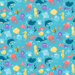 Naklejka premium Seamless pattern with different sea underwater animals in cute c