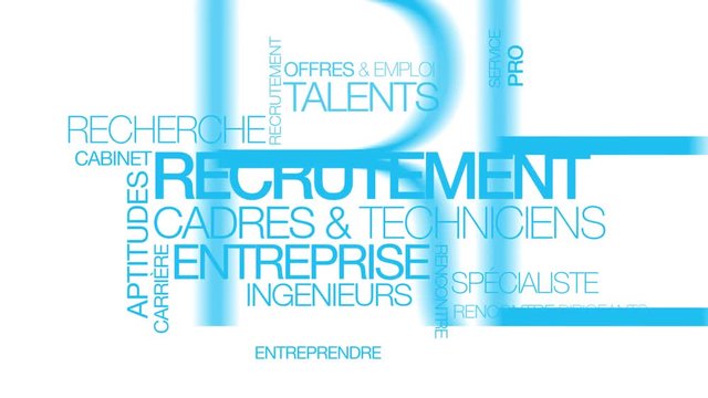 Recrutement job entreprise recherche emploi embauche texte bleu animation video nuage de mots 