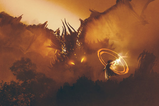 Fototapeta calling of the dragon,magician summoning monster,sorcerer casts a spell