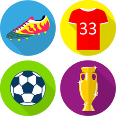 Colorful flat icons: football boots, T-shirt, ball and champions cup.
