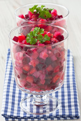 Beetroot salad vinaigrette/Beetroot salad vinaigrette with beetroot, carrot, potato, cucumber in glass