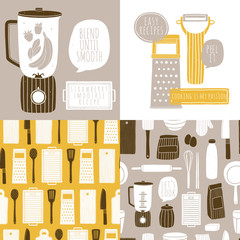 Vector set of cooking illustrations and seamless pattern