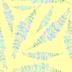 Seamless floral pattern with the abstract watercolor green and pink branches, hand drawn on a yellow  background