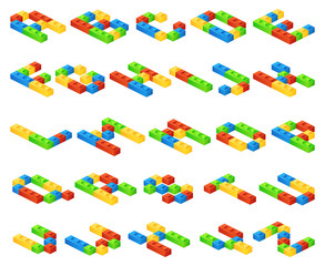 Isometric 3D vector alphabet letters made of plastic cubes constructor