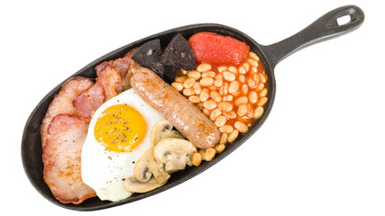 Full English Breakfast - Traditional English fry-up with egg, bacon, mushrooms, tomatoes, sausage, black pudding and baked beans. Served with slices of toast. Isolated on white.