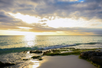 Sea and beach in the sunset with rocks covered with algae