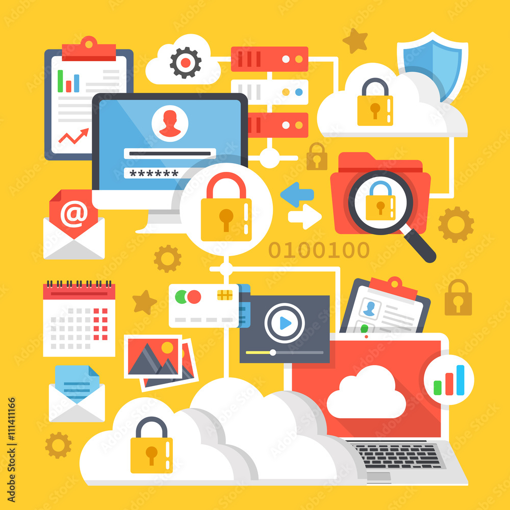 Poster cloud computing, data storage, internet technology data encryption creative concepts and icons set. 