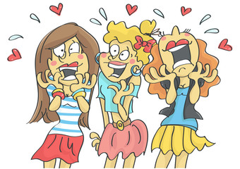Cute, funny, groupie girls crying and laughing from excitement.
