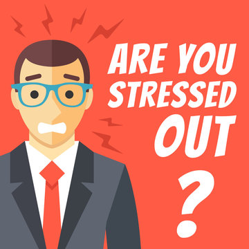 Stress at work concept flat illustration. Stressed out man in suit with glasses, white words around him. Vector illustration