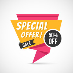 Special offer origami banner. Big sale, super discount, exclusive price, 50% off concepts. Paper banner. Vector illustration
