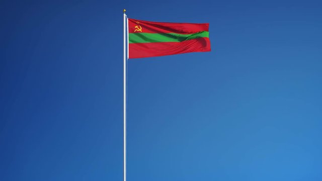Transnistria flag waving in slow motion against blue sky, seamlessly looped, long shot isolated on alpha channel with black and white luminance matte, perfect for film, news, digital composition