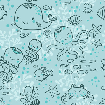 Cartoon marine seamless pattern for childish wallpapers. Whale, octopus, jellyfish, fish, crab, starfishe in cartoon background in vector.