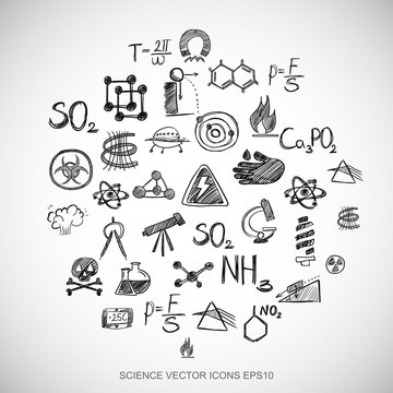 Black doodles Hand Drawn Science Icons set on White. EPS10 vector illustration.