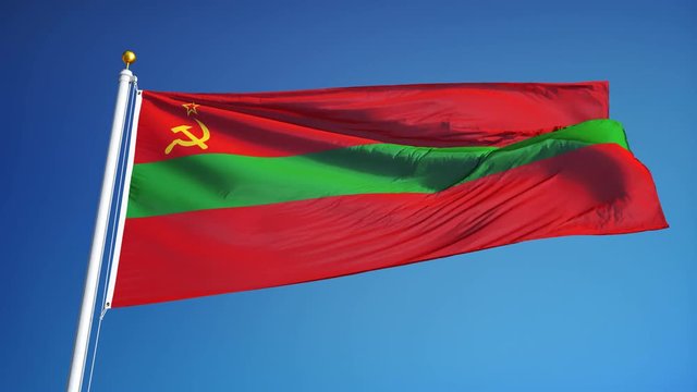 Transnistria flag waving in slow motion against blue sky, seamlessly looped, close up, isolated on alpha channel with black and white luminance matte, perfect for film, news, digital composition