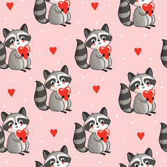 Vector seamless illustration with cute raccoon holding a heart in his hands on a pink background. Perfect for greeting cards for Valentine's Day.