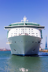 Independence of the Seas cruise ship leaving Southampton docks, front view.