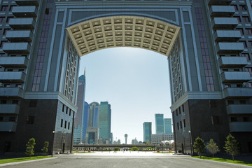 city, Astana, capital, arch, Kazakhstan, building, classicism, symmetry, contemporary, park, trees, summer, day, hot, sun, sky, blue, travel, tourism, vacation