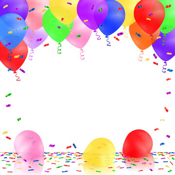 Celebrating background with colorful balloons and confetti. Vector illustration.