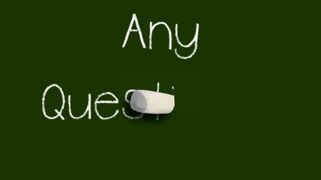 A moving chalk with a shadow writes on a green chalk board 'Any Questions?'
