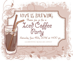vector hand drawn iced coffee party invitation card, vintage frame, glass and leaves