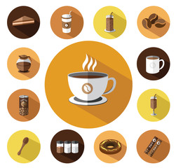 Modern flat coffee icons set with long shadow effect