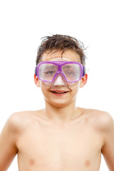 Fototapeta premium Boy diver in swimming mask with a happy face close-up portrait, isolated on white