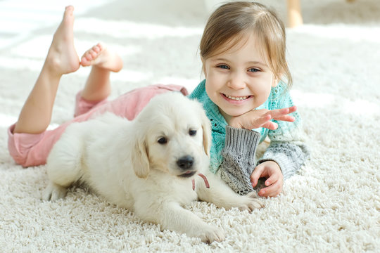 Kid with puppies at home
