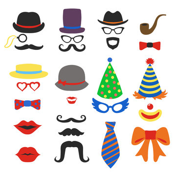 Birthday party vector photo booth props - Glasses, hats, lips, mustaches, ties and pipe