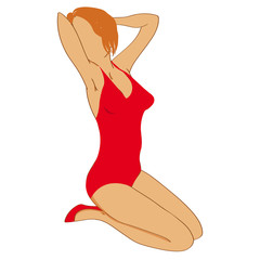 Beautiful pin-up girl in red swimwear. Pin-up woman in sexy pose. Vector illustration.