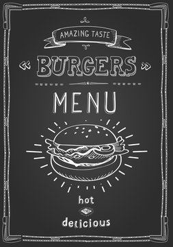 Burger poster menu sketch drawing on the chalkboard.