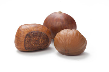 A set of three fresh Chinese chestnut isolated on white background.