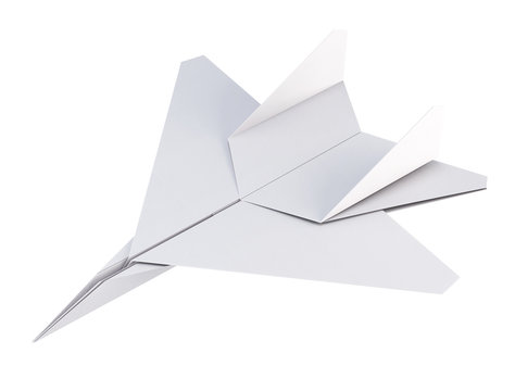 White paper plane on a white background. Origami plane. 3d rendering