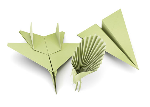 Set of origami airplanes and bird isolated on white background. 3d render image.