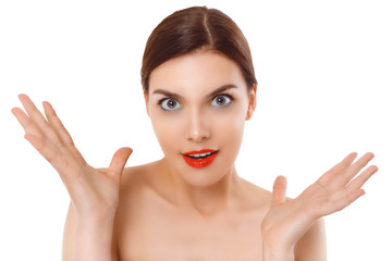 Young surprised cute woman on white background