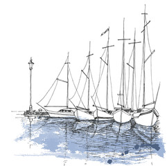 Boats on water, harbor sketch, transportation background