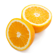 Orange fruit  two segments or cantles isolated on white background for graphic designers.