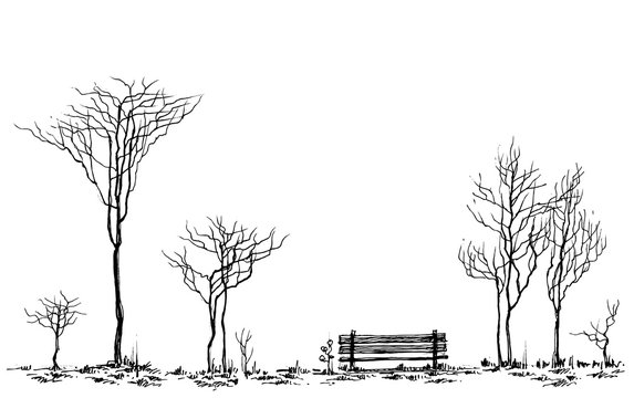 Stylized park decor, bench and trees drawing