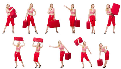 Fototapeta premium Travelling woman with suitcase isolated on white