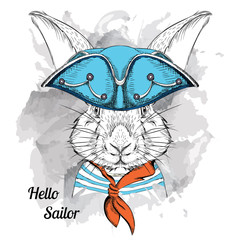 Image Portrait rabbitin a sailor hat. Vector illustration.